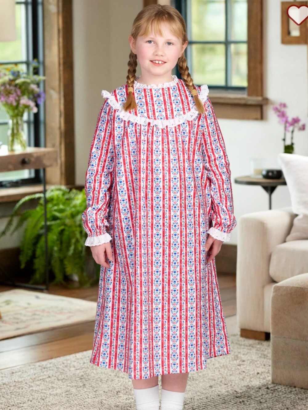 Lanz of Salzburg Flannel Nightgown Red and White Girls S 6/6x